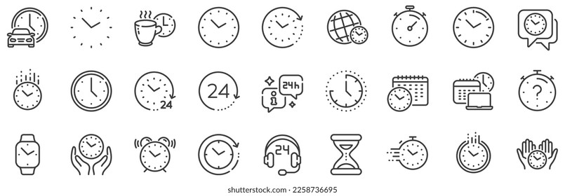 Timer, Alarm und intelligente Uhr. Symbole für Uhrzeiten und Uhren. Zeitmanagement, 24-Stunden-Uhr, Terminalalarm-Symbole. Sand-Stundenglas, Kalender und digitale intelligente Uhr, Timer-Stoppuhr. Vektorgrafik