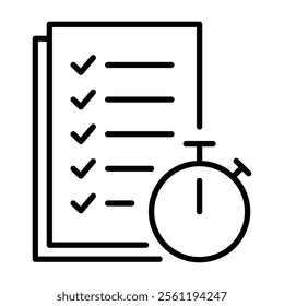 A timer alongside a checklist on paper, with all items marked as complete, symbolizing time management, productivity, and accomplishment, round line vector icon with editable stroke