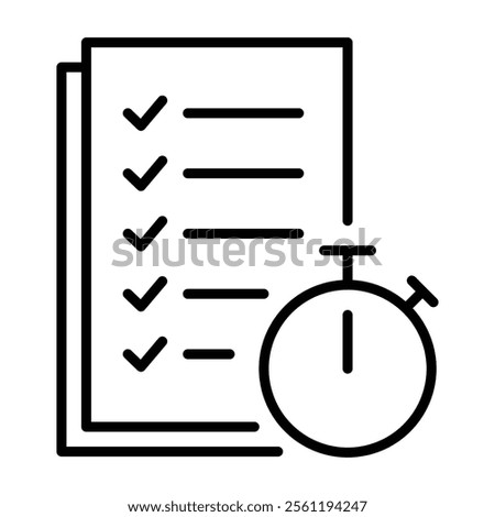 A timer alongside a checklist on paper, with all items marked as complete, symbolizing time management, productivity, and accomplishment, round line vector icon with editable stroke
