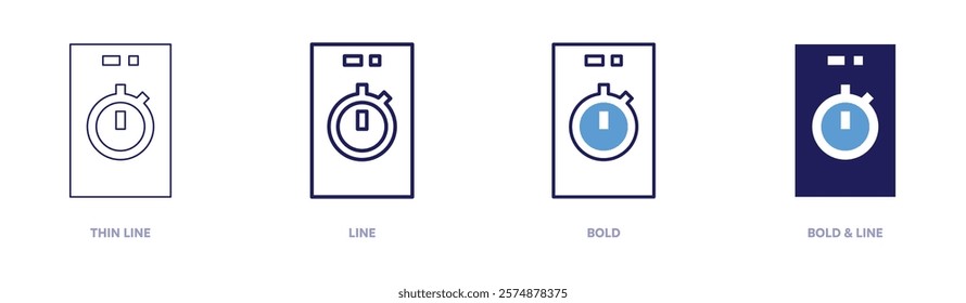 Timer app icon in 4 different styles. Thin Line, Line, Bold, and Bold Line. Duotone style. Editable stroke.