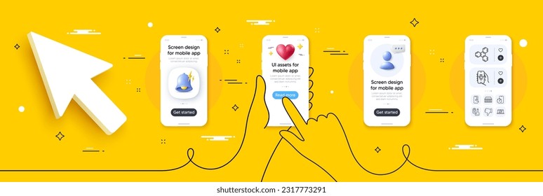 Timer app, Smartphone repair and Dislike hand line icons pack. Phone screen mockup with 3d alert bell, health and headshot. Chemical formula, Pos terminal, Music app web icon. Vector