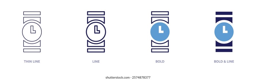 Timer application icon in 4 different styles. Thin Line, Line, Bold, and Bold Line. Duotone style. Editable stroke.