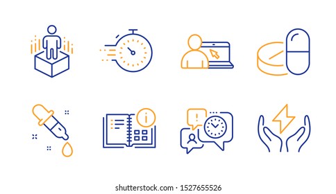 Timer, Augmented reality and Instruction info line icons set. Time management, Chemistry pipette and Online education signs. Medical drugs, Safe energy symbols. Line timer icon. Vector