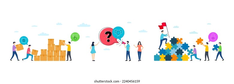 Timer, Buying and Shields minimal line icons. People characters with puzzle, delivery parcel. Lock icons. For web, application, printing. Time management, E-commerce shopping, Safe secure. Vector
