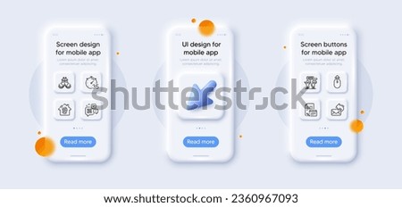 Timer, Calendar tax and Swipe up line icons pack. 3d phone mockups with cursor. Glass smartphone screen. Ship, Share mail, Voting campaign web icon. Qr code, Fingerprint access pictogram. Vector