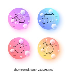 Timer, Calendar and Teamwork process minimal line icons. 3d spheres or balls buttons. Ranking star icons. For web, application, printing. Deadline management, Appointment info, Remote work. Vector