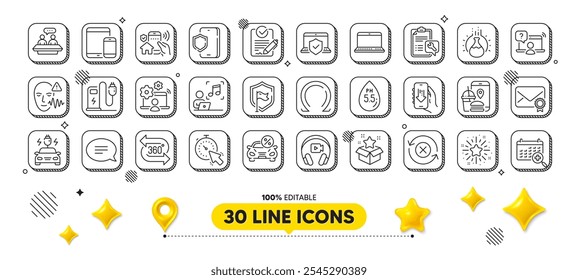 Temporizador, carga de coches y paquete de iconos de línea de programa de lealtad. Elementos de diseño 3D. Seguridad de la casa, App de alimentos, icono de Web de escudo. Ph neutral, alquiler de coches, pictograma del App de la Descarga. Vector