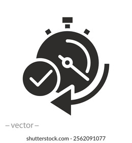 timer with check mark, quick time icon, fast deadline, instant verification, rapid delivery, flat vector illustration