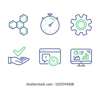 Timer, Chemical formula and Service line icons set. Dermatologically tested, Project deadline and Analytics graph signs. Deadline management, Chemistry, Cogwheel gear. Organic. Science set. Vector