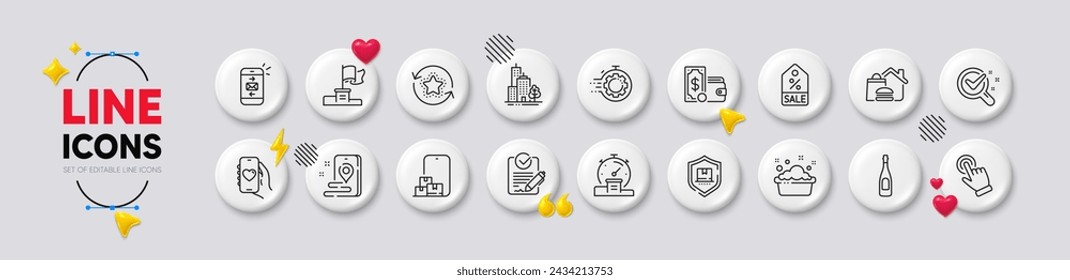 Timer, Chemistry lab and Champagne line icons. White buttons 3d icons. Pack of Winner flag, Seo timer, Cursor icon. Package protection, Loyalty points, Mail pictogram. Vector