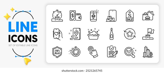 Timer, Chemistry lab and Champagne line icons set for app include Winner flag, Seo timer, Cursor outline thin icon. Package protection, Loyalty points, Mail pictogram icon. Vector