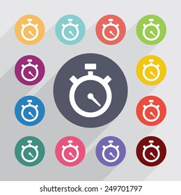 timer circle, flat icons set. Round colorful buttons 