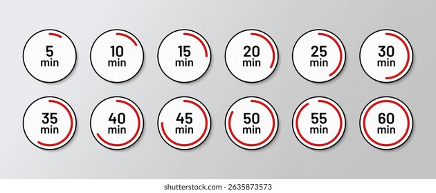 Timer in circle shape. Cooking indicators in flat design. Set of clocks with different minutes. Stopwatches icons. Countdown timer symbols. Chronometer deadline. Vector illustration.
