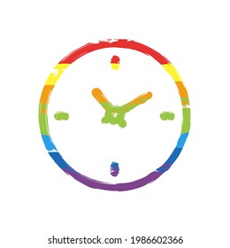 Timer in circle, simple clock or watch, time icon. Drawing sign with LGBT style, seven colors of rainbow (red, orange, yellow, green, blue, indigo, violet