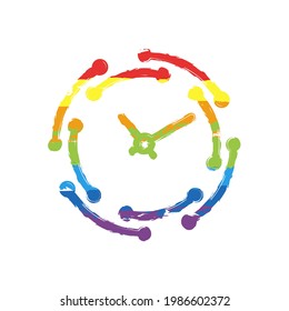 Timer in circle, simple clock or watch, time icon. Drawing sign with LGBT style, seven colors of rainbow (red, orange, yellow, green, blue, indigo, violet
