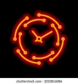 Timer in circle, simple clock or watch, time icon. Orange neon style on black background. Light linear icon with editable stroke