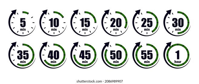 Temporizador del reloj con flechas. Círculo cronológico para entrega rápida. Icono de horas de 5 minutos a 1 hora. Poniendo fin a la hora límite para el acuerdo. Paso redondo del intervalo de 5 a 55 minutos. Vector.