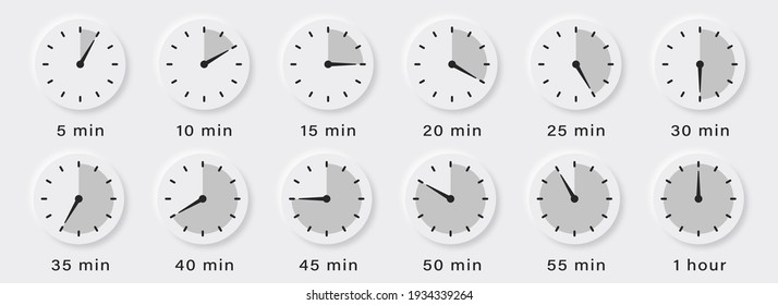 Timer or clock buttons. Neumorphic round buttons with timer. White geometric shapes in a trendy soft 3D style with shadow. Vector elements