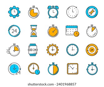 Timer clock color outline icons. Calendar reminder, clock alarm, stopwatch timer pictograms. Digital wristwatch, time management chronometer or business deadline hourglass outline vector symbols set