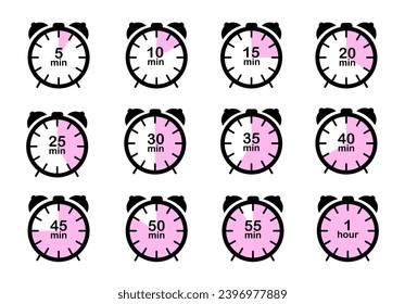 Timer, clock, countdown timer icons set. Label cooking time. Alarm clock vector symbols.