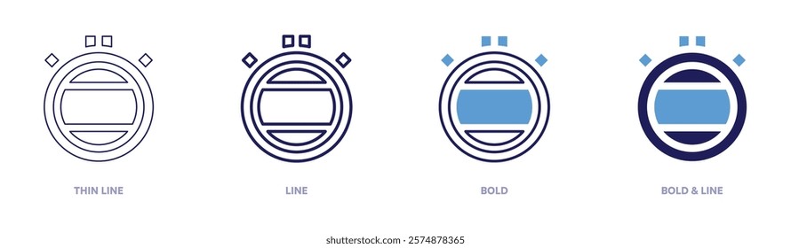 Timer clock icon in 4 different styles. Thin Line, Line, Bold, and Bold Line. Duotone style. Editable stroke.