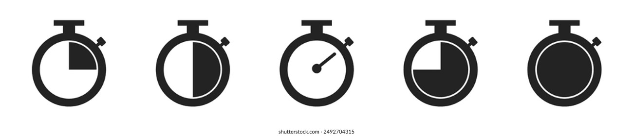 Timer and clock icon set. Set of 5 outline icons related to stopwatch, timer, hourglass, sandglass timer, clock. Linear icon collection. Timer and clock outline icons collection.