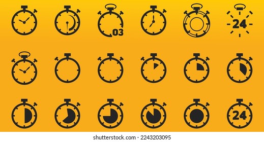 Juego de iconos de cronómetro y reloj. Icono plano del símbolo de tiempo. Reloj de parada, cronómetro, reloj de arena, reloj. Icono de tiempo rápido.