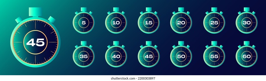 Timer and clock icons set. Vector times of 10, 15, 30, 45, 40, 50, 35, 25, 60, 5 minutes. Stopwatch, chronometer, watch with countdown of hours and seconds for sport, cook. Circle stop symbols for ui