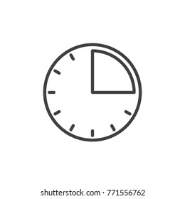 Timer Clock Line Icon, Outline Vector Sign, Linear Style Pictogram Isolated On White. 15 Minute Time Symbol, Logo Illustration. Editable Stroke