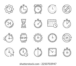 Timer clock outline icons. Alarm, stopwatch, calendar timer. Time measuring, management and planning, business productivity outline vector symbols or icons with modern alarm clock, wristwatch