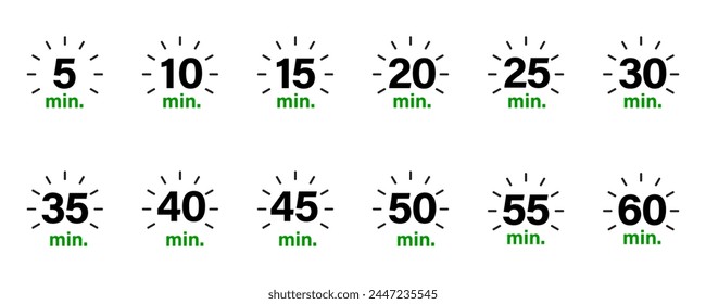 Timer, clock, stopwatch, 5, 10, 15, 20, 25, 30, 35, 40, 45, 50, 55, 60 minutes set collection vector.