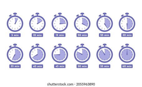 Timer clock Stopwatch 5 minute to 1 hours isolated set icons Label cooking time Vector illustration Label measure time Cooking time and more