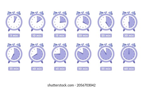 Reloj de temporizador Stopwatch 5 minutos a 1 horas conjunto aislado iconos Etiqueta tiempo de cocción Etiqueta ilustración Vector Medir tiempo de cocción y más