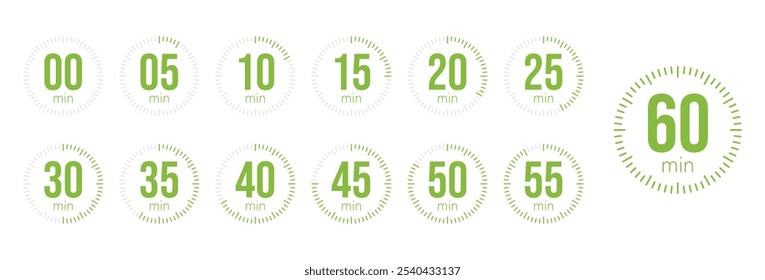 
Temporizador, relógio, cronômetro, cronômetro de contagem regressiva, ícone de tempo de cozimento definido. 0, 5, 10, 15, 20, 25, 30, 35, 40, 45, 50, 55, discagem de 60 minutos. Conjunto isolado amarelo, símbolo. Ilustração vetorial