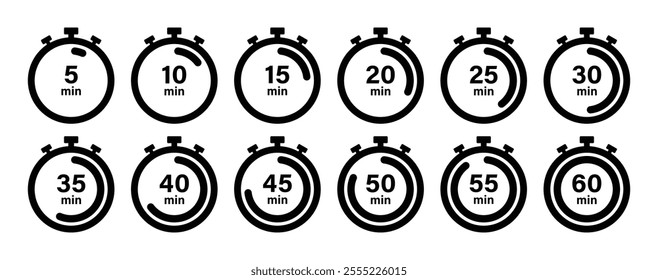 Timer, clock, stopwatch countdown icon set in black and white color vector illustration. Set of timers. 5, 10, 15, 20, 25, 30, 35, 40, 45, 50, 55, and 60 minutes. Countdown timer icons set.