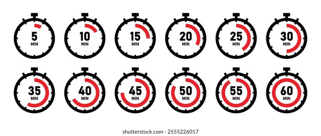 Timer, clock, stopwatch countdown icon set with 5 minutes gap in red color vector illustration on white background. Set of timers. 5, 10, 15, 20, 25, 30, 35, 40, 45, 50, 55, and 60 minutes.