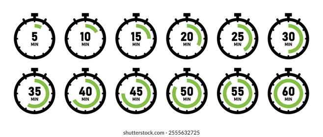 Timer, clock, stopwatch countdown icon set with 5 minutes gap in green and black color vector illustration. Set of timers. 5, 10, 15, 20, 25, 30, 35, 40, 45, 50, 55, and 60 minutes.