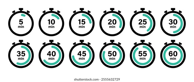 Timer, clock, stopwatch countdown icon set in black and cyan color vector illustration. Set of timers. 5, 10, 15, 20, 25, 30, 35, 40, 45, 50, 55, and 60 minutes. Countdown timer icons set.