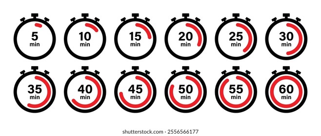 Timer, clock, stopwatch countdown icon set in black and red color vector illustration. Set of timers. 5, 10, 15, 20, 25, 30, 35, 40, 45, 50, 55, and 60 minutes. Countdown timer icons set.