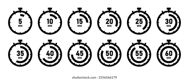 Timer, clock, stopwatch countdown icon set in black and white color vector illustration. Set of timers. 5, 10, 15, 20, 25, 30, 35, 40, 45, 50, 55, and 60 minutes. Countdown timer icons set.