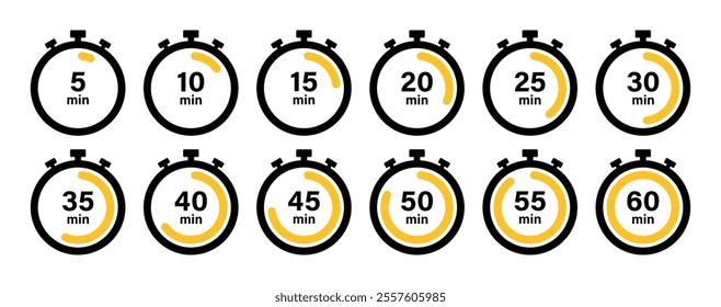 Timer, clock, stopwatch countdown icon set with 5 minutes gap in yellow color vector illustration on white background. Set of timers. 5, 10, 15, 20, 25, 30, 35, 40, 45, 50, 55, and 60 minutes.