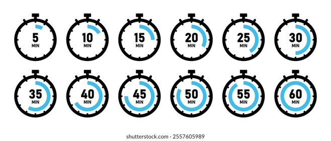 Timer, clock, stopwatch countdown icon set with 5 minutes gap in cyan color vector illustration on white background