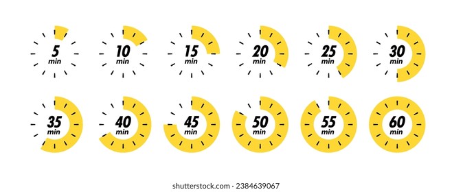 Timer, clock or stopwatch dial with different meanings from 5 to 60 minutes. Countdown timer icon set. Vector illustration.