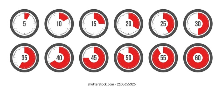 Timer Uhr, hör auf, Icon-Set zu sehen. Vorbereitung des Etiketts oder Kochzeit 5 Minuten bis 1 Stunde. Vektorgrafik einzeln auf weißem Hintergrund