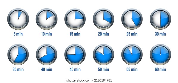 Timer clock, stopwatch icon set. Label preparation time or cooking time 5 minute to 1 hours. Vector illustration isolated on white background