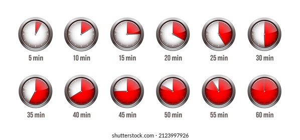 Timer clock, stopwatch icon set. Label preparation time or cooking time 5 minute to 1 hours. Vector illustration isolated on white background