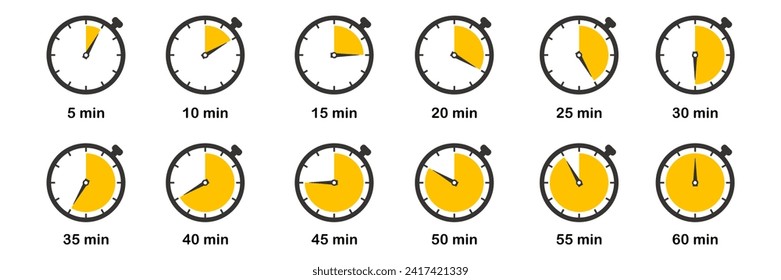 Timer, clock, stopwatch icon set. Countdown 5, 10, 15, 20, 25, 30, 35, 40, 45, 50, 55, 60 minutes. Vector design