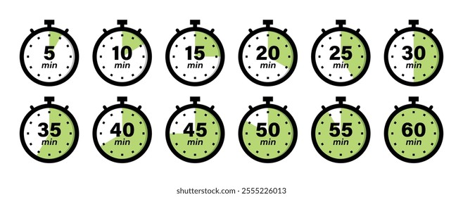 Timer, clock, stopwatch icon set with 5 minutes gap in green color vector illustration. Set of timers. 5, 10, 15, 20, 25, 30, 35, 40, 45, 50, 55, and 60 minutes. Countdown timer icons set.