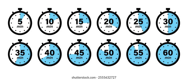 Timer, clock, stopwatch icon set with 5 minutes gap in blue and black color vector illustration. Set of timers. 5, 10, 15, 20, 25, 30, 35, 40, 45, 50, 55, and 60 minutes. Countdown timer icons set.