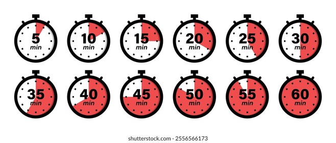 Timer, clock, stopwatch icon set with 5 minutes gap in red and black color vector illustration. Set of timers. 5, 10, 15, 20, 25, 30, 35, 40, 45, 50, 55, and 60 minutes. Countdown timer icons set.